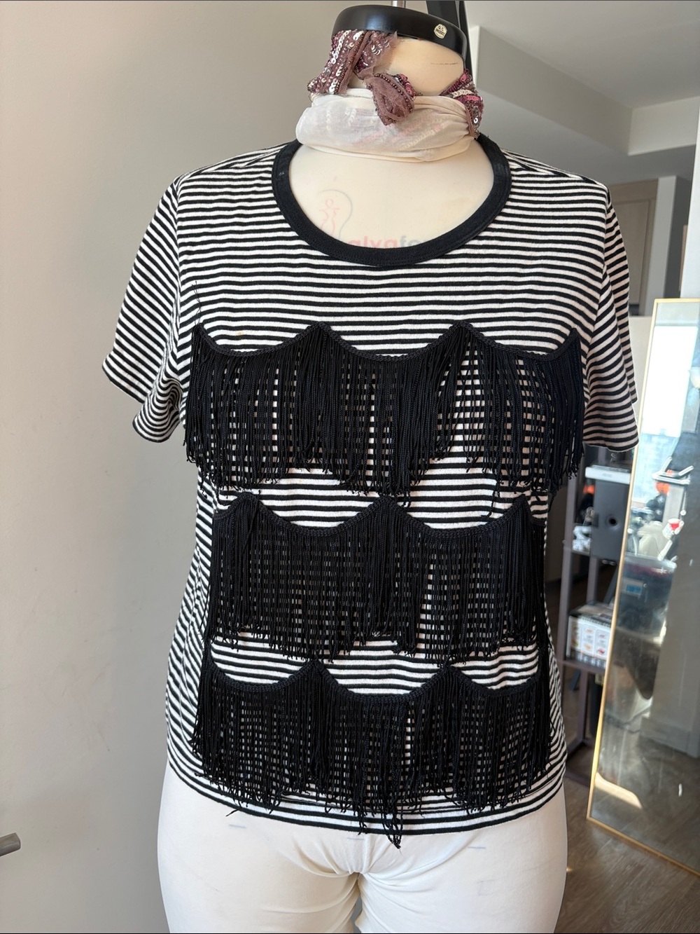 Marc Jacobs Black & White Striped Fringe Short Sleeve Tee